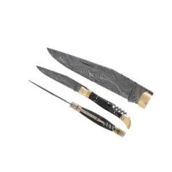 Couteau Pliant Lame Damas Manche En Corne Avec étui En Cuir